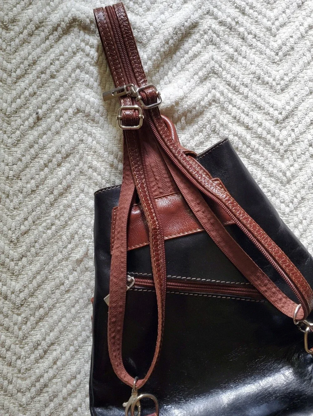 Italian Leather Backpack Purse Fiorella Black Tan Asymmetrical Made In Italy